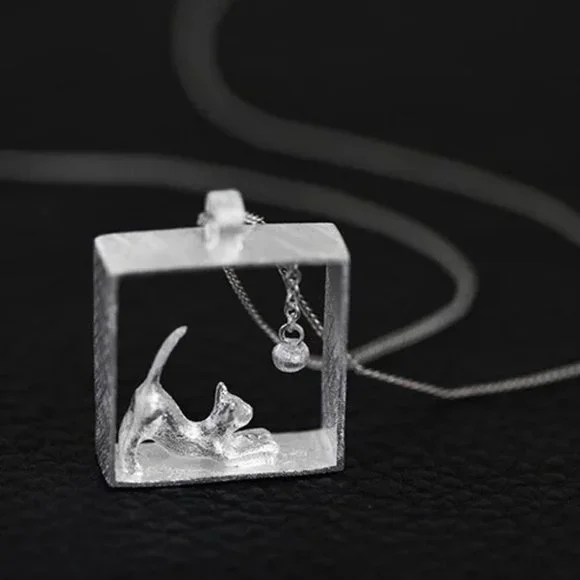 14k Gold Adorable Playing Cat Sterling Silver Necklace